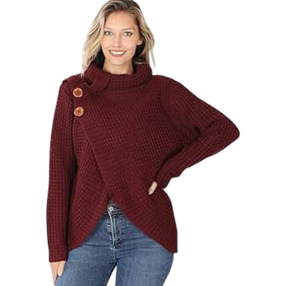 Zenana Women's Burgundy Cowl Neck Asymmetric Hem Sweater Size Large ($49)